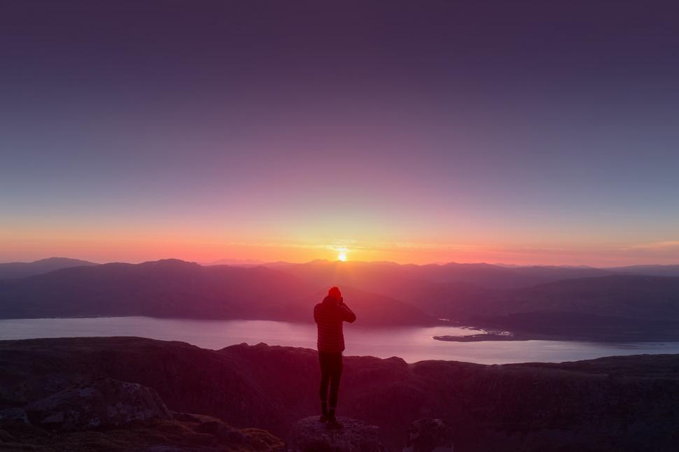 Free Image of Hiker on Top of Mountain Watching the Sunset - Outdoors 