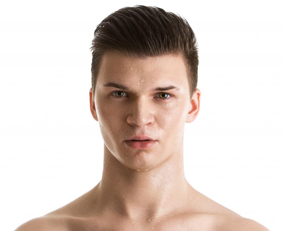 Free Image of Man with rain or sweat, white background 