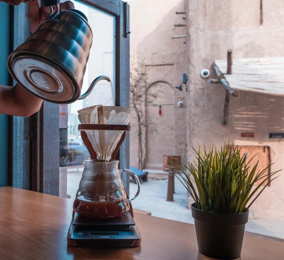 Free Image of Coffee percolator with paper filter coffee - pour over coffee 
