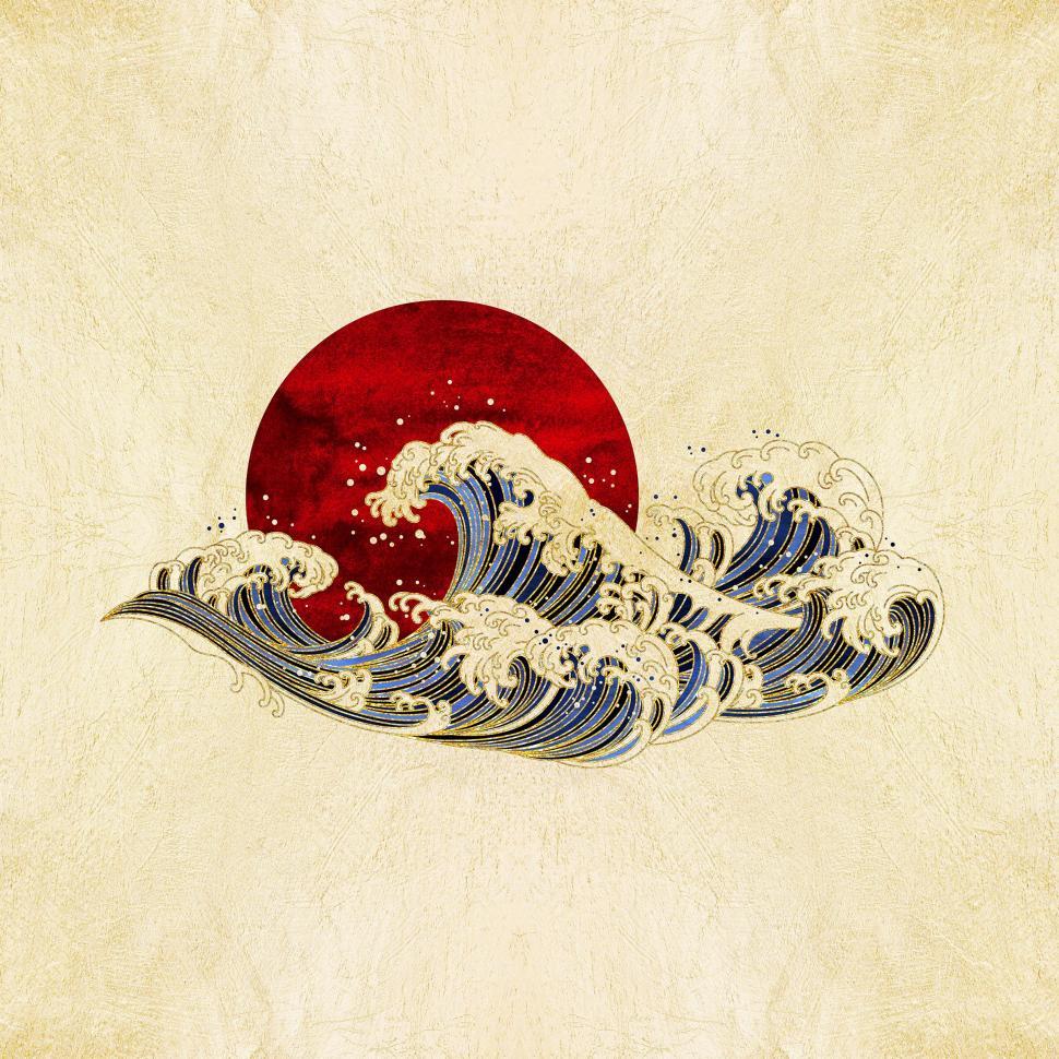 Free Image of Japanese Ocean Wave on Golden Background 