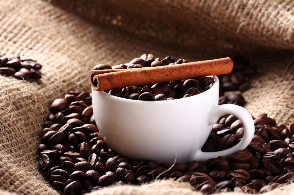 Free Image of Cup with coffee beans and cinnamon stick 