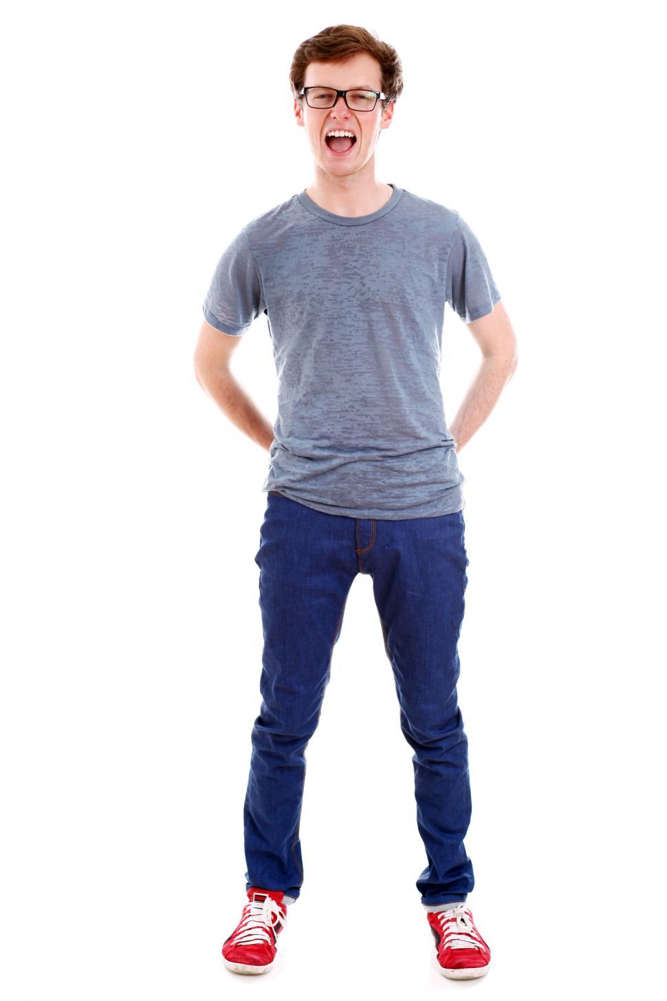 Free Image of Portrait of young happy guy in glasses. Yelling or other. 