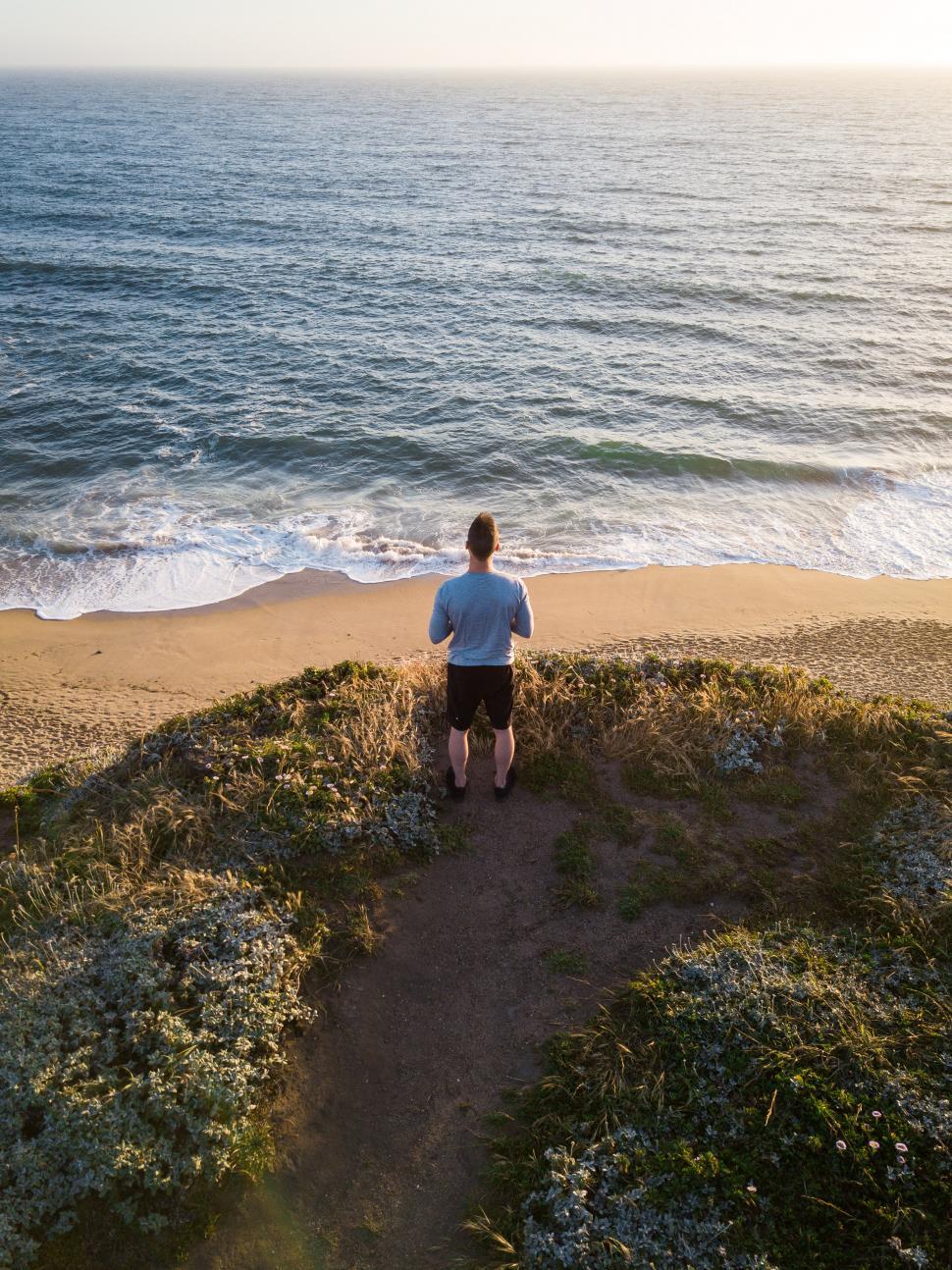 Free Image of Backside view of man standing at the beach 