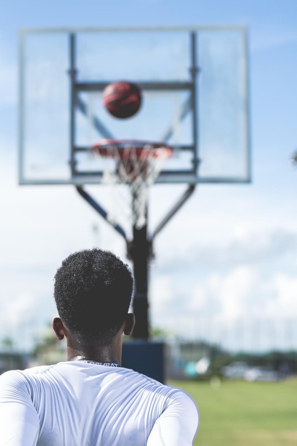 Free Image of Back side view of young man shooting a basketball toward a hoop 