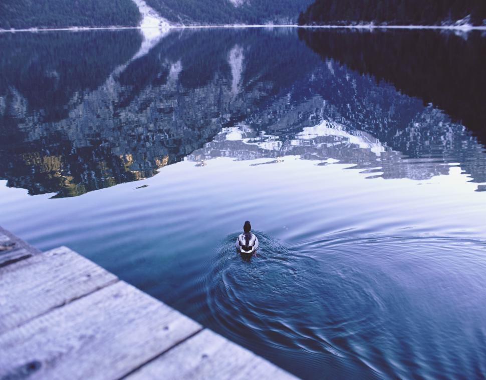 Free Image of Duck and pier with mountain lake 