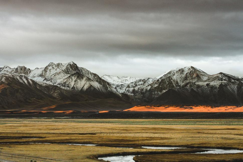 Free Image of Meadow and snow mountains 
