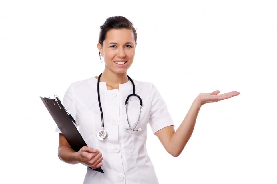 Free Image of Young medical provider with open hand 