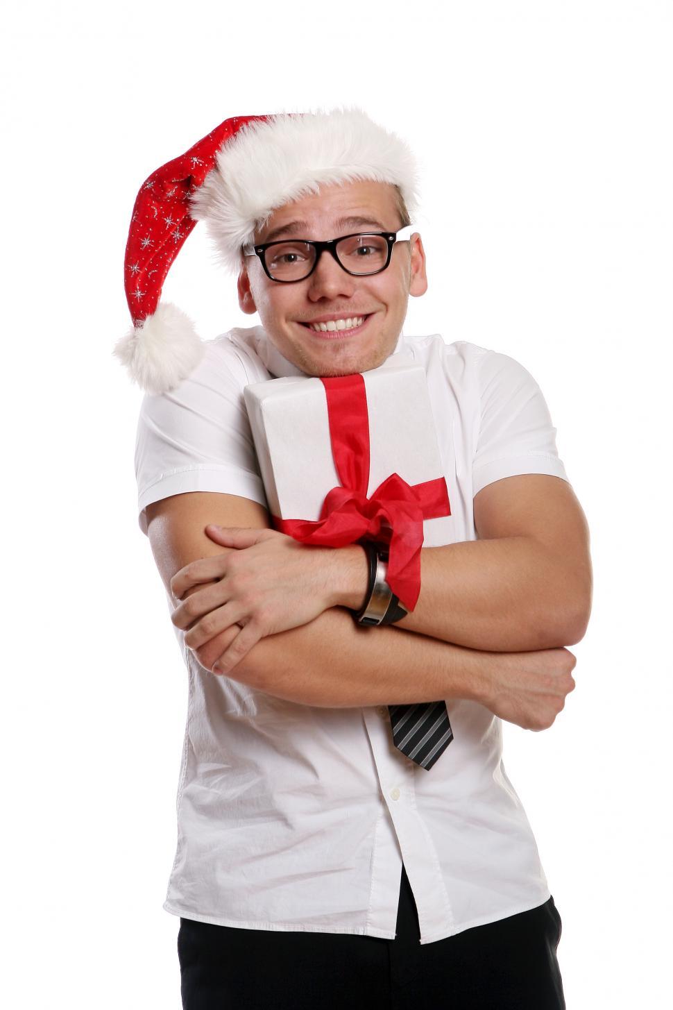 Free Image of Holiday office party gift guy 