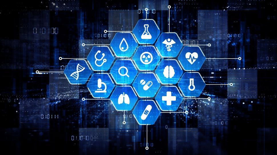 Free Image of MedTech - Medical Technology Concept with Icons on Abstract Tech 