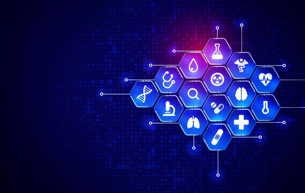 Free Image of Medical Research Concept with Medical Elements on Blue Tech Back 