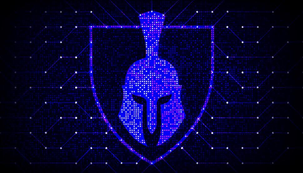 Free Image of Spartan Helmet and Digital Network on Abstract Technology Backgr 