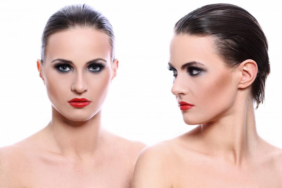 Free Image of Portrait of two women, one looking towards the other 