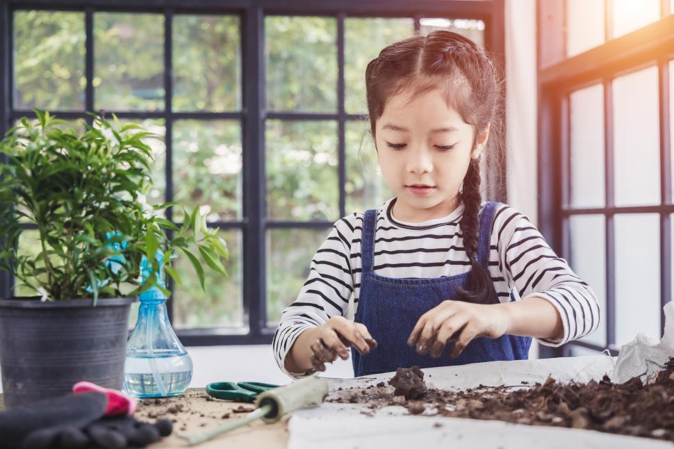 Free Image of Child joyfully planting trees by the window, getting dirty 