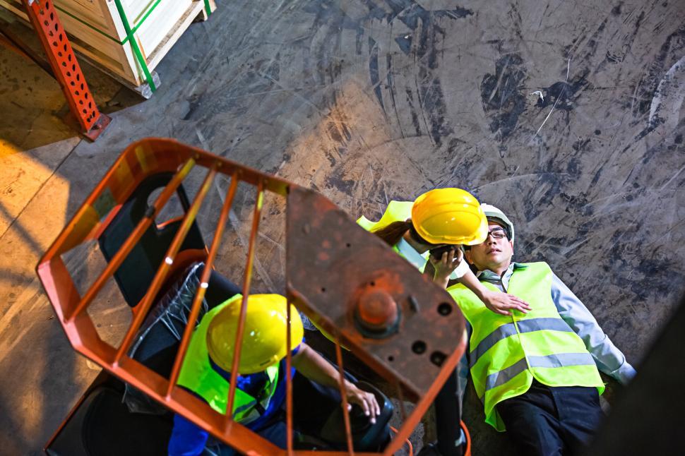 Free Image of Warehouse worker lying down on floor after accident 