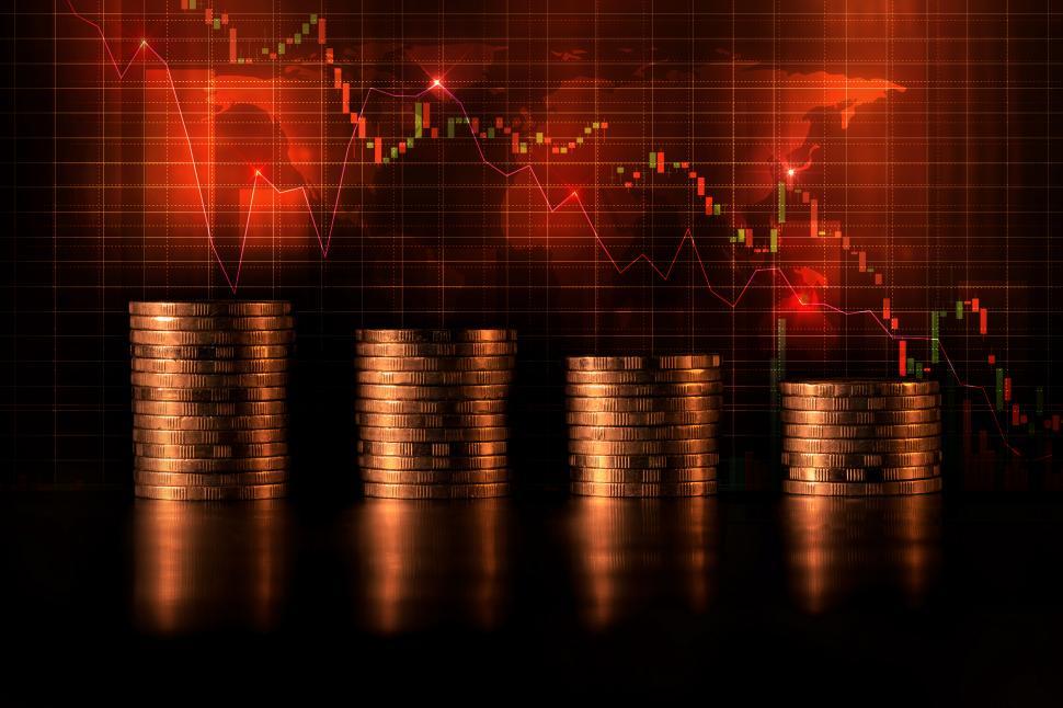 Free Image of Double exposure of Stack of golden coins in bar chart form 