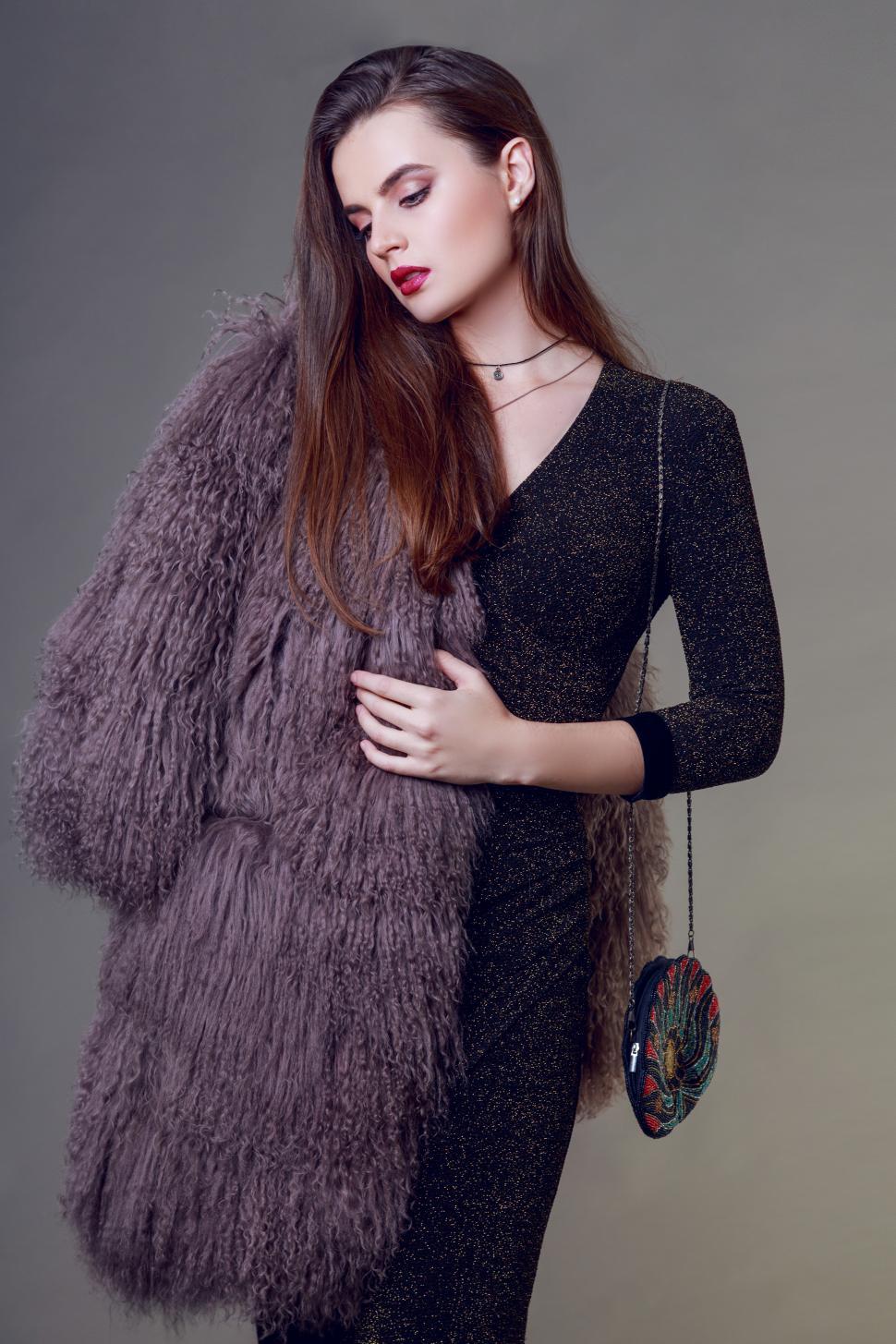 Free Image of Fashionable image of gorgeous brunette woman with red lips wearing cocktail dress 