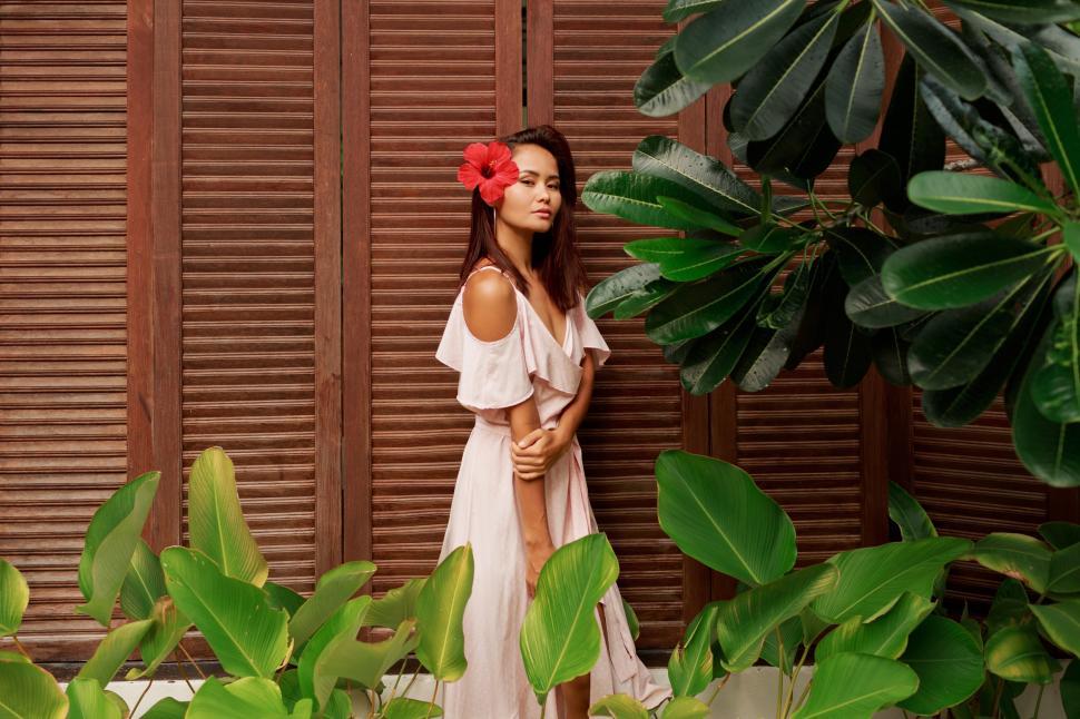 Free Image of Woman with perfect skin and hibiscus flower in hairs posing over wood wall 
