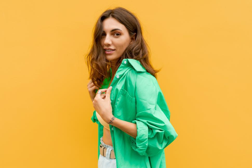 Free Image of Cheerful girl in stylish summer outfit 