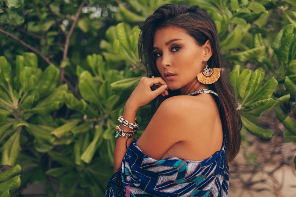 Free Image of Portrait of seductive Asian woman in blue boho kimono 