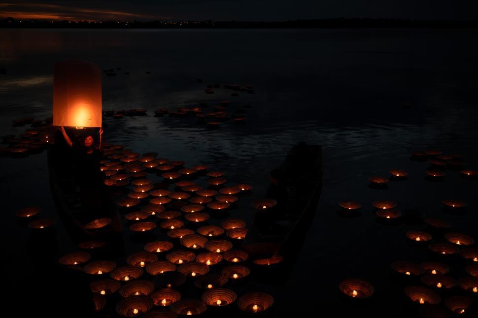 Free Image of Thai people  float the Krathong on the full moon night 