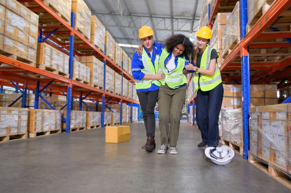 Free Image of Helping an injured warehouse worker back to her feet 