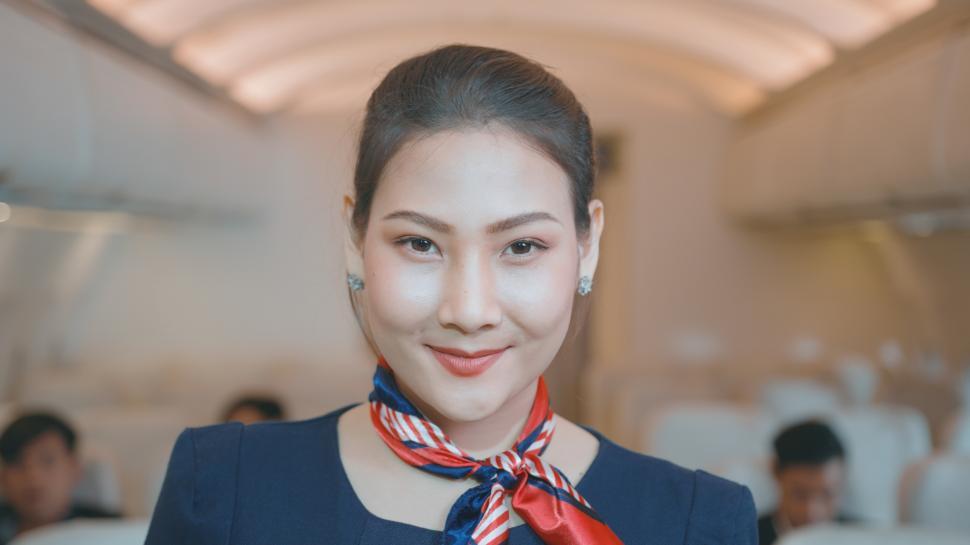 Free Image of Female member of the cabin crew is smiling onboard modern aircraft 