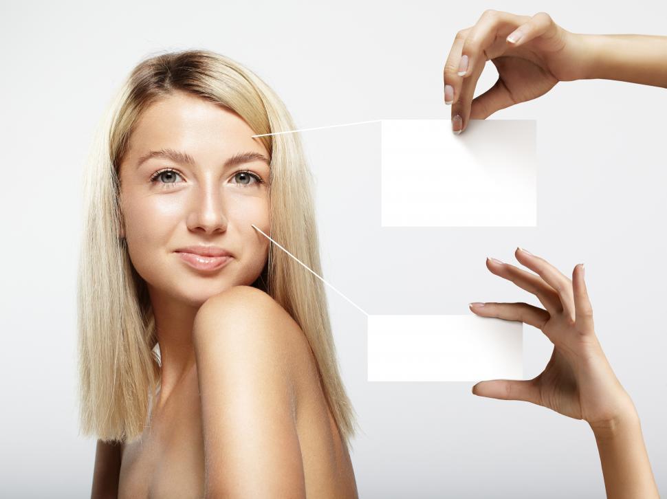 Free Image of woman face with a notes about skin, complexion, or other qualities 