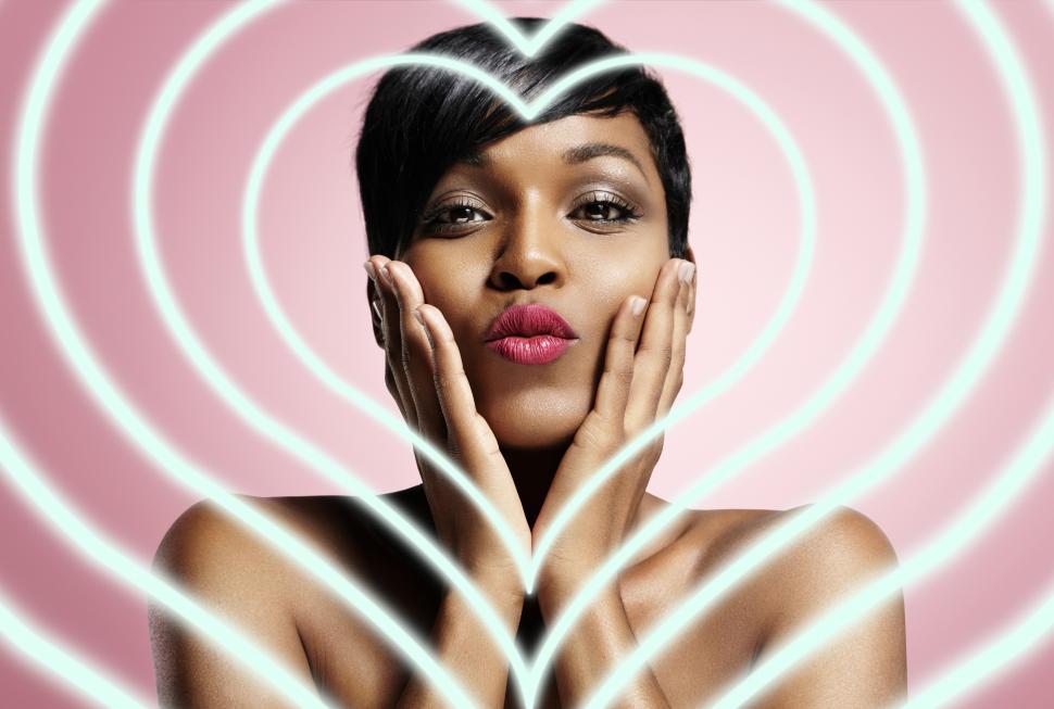 Free Image of black woman in love - concentric hearts graphic overlay 