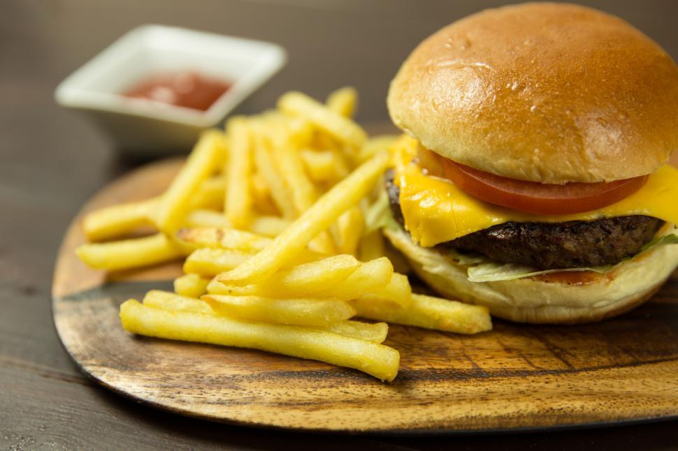Free Image of Cheeseburger, Fries &amp Ketchup Free Stock Photo 