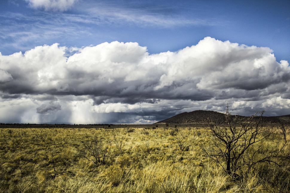 Free Image of A field of grass and a hill with clouds in the sky 