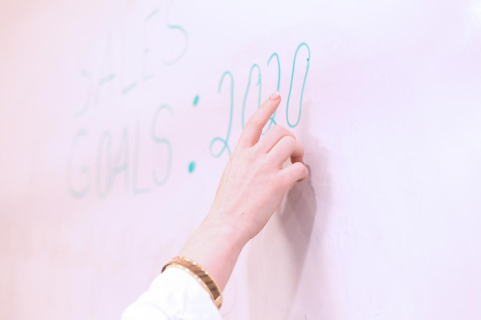 Free Image of A hand pointing at a whiteboard 