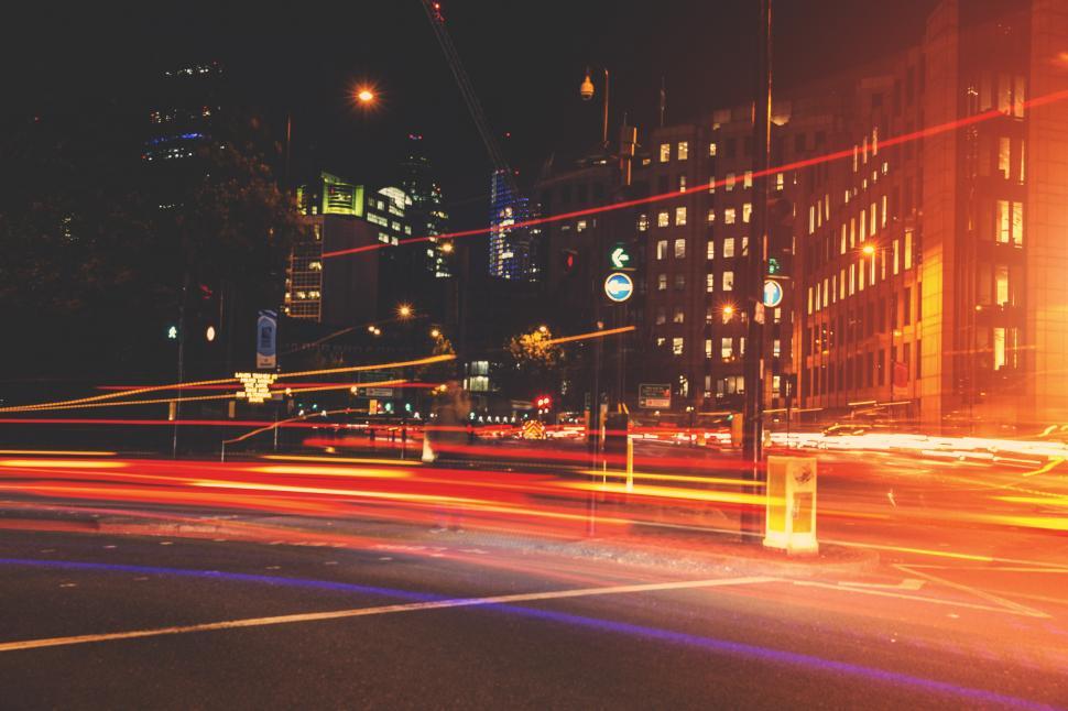 Free Image of A city street with lights and buildings 