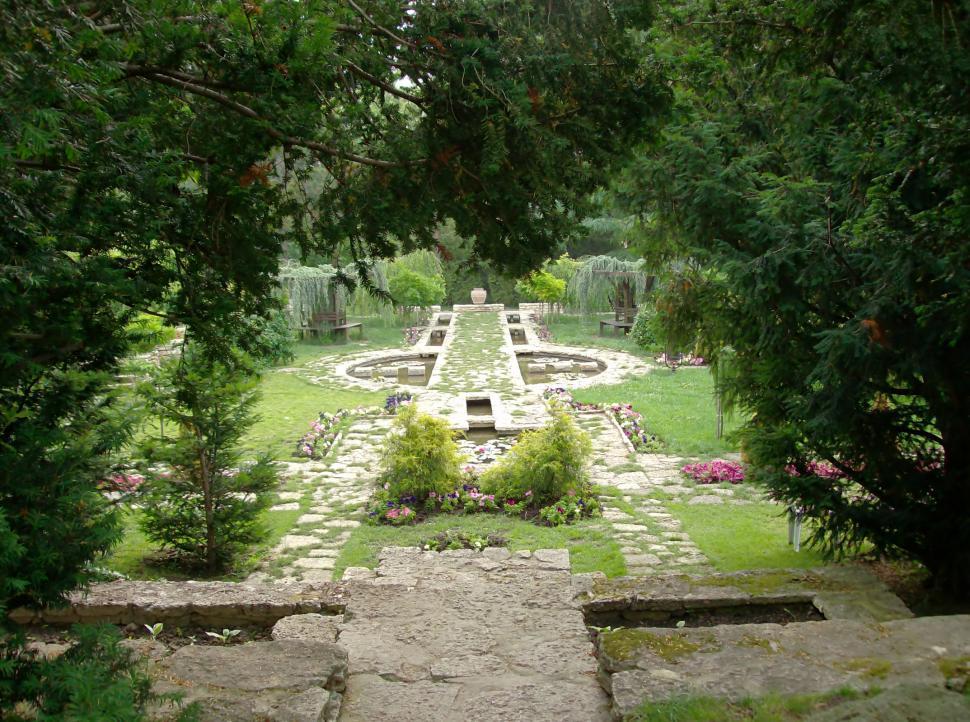 Free Image of Small garden with water ponds and lush vegetation 