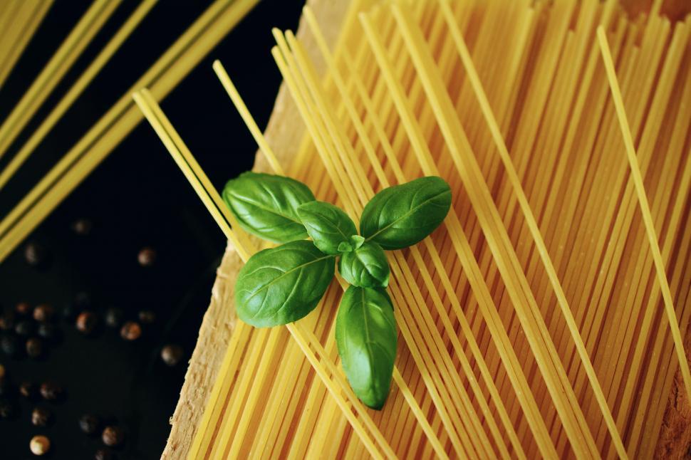 Free Image of A Bunch of Pasta Topped With Fresh Basil 