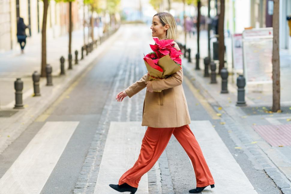 Free Image of Woman carrying a poinsettia she has just bought in a plant shop. 