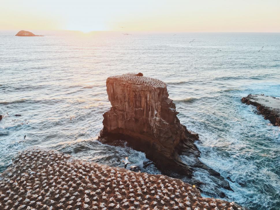 Free Image of A rock formation with birds flying over the water 
