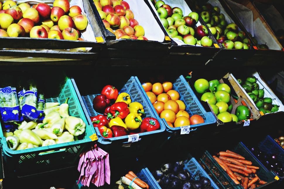 Free Image of A group of baskets of fruits and vegetables 