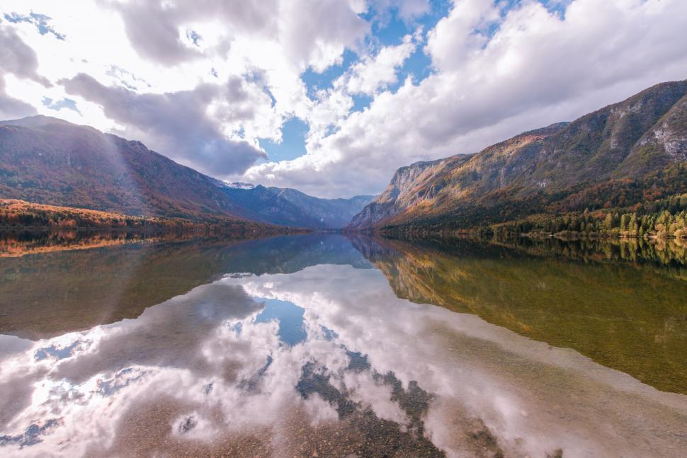 Free Image of A lake with mountains and clouds in the sky 