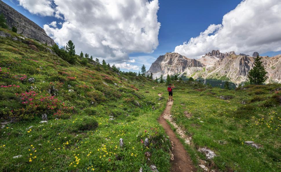 Free Image of A person standing on a path in a grassy area with mountains in the background 