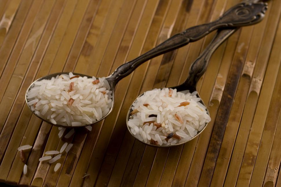Free Image of Two Spoons Filled With Rice on Wooden Table 