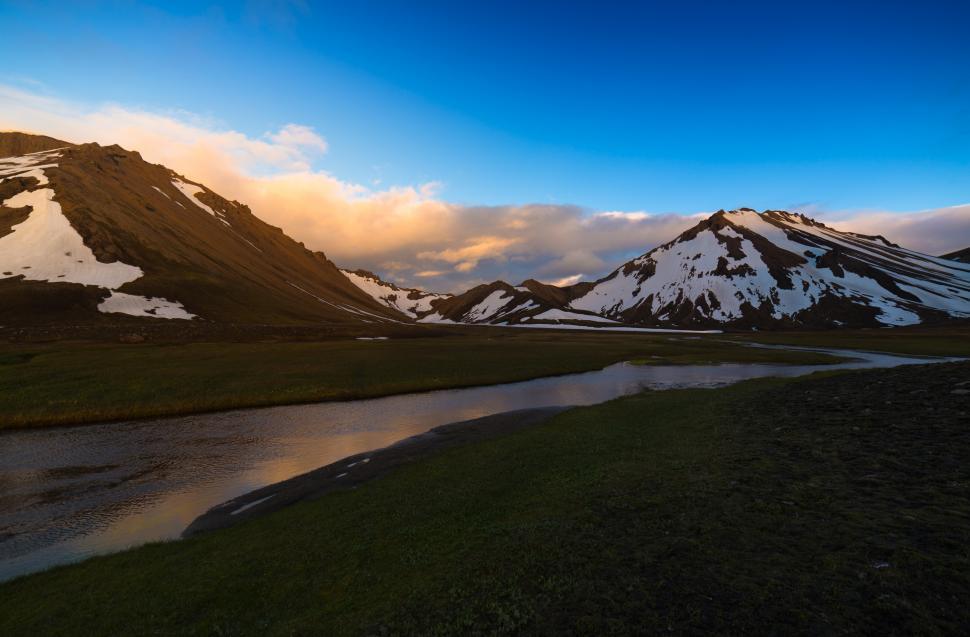 Free Image of A river running through a valley with snow covered mountains 