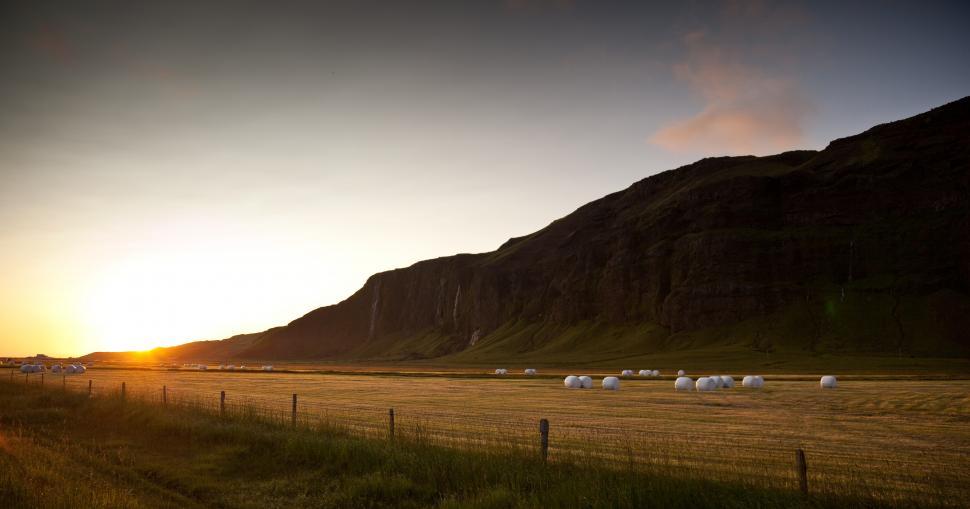 Free Image of A field with hay bales in it 
