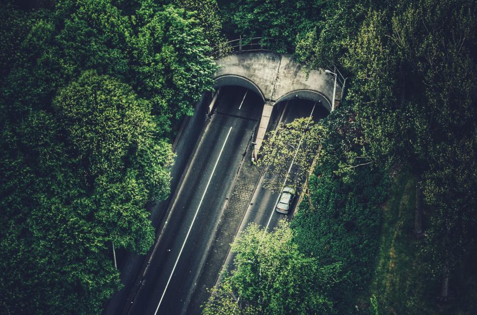 Free Image of A road with a tunnel and trees with kakum national park in the background 