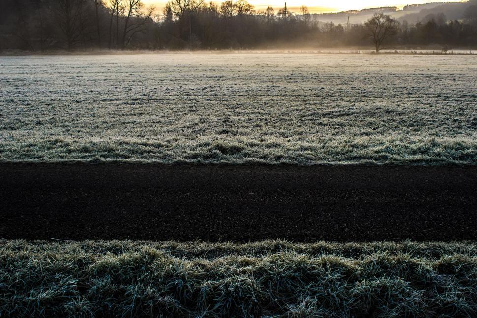 Free Image of A field with grass and trees in the background 