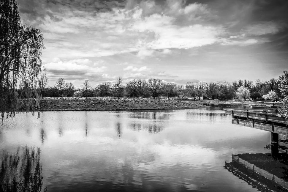 Free Image of A body of water with trees and a dock 