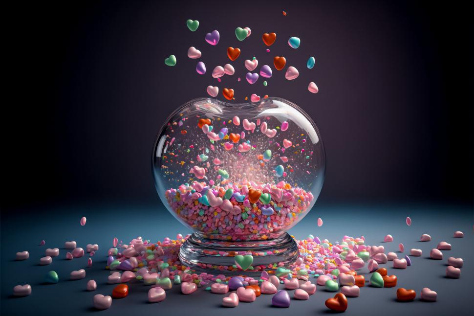 Free Image of Hearts exploding from a glass jar on dark 