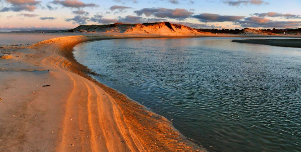 Free Image of Golden hour light on beach and estuary 