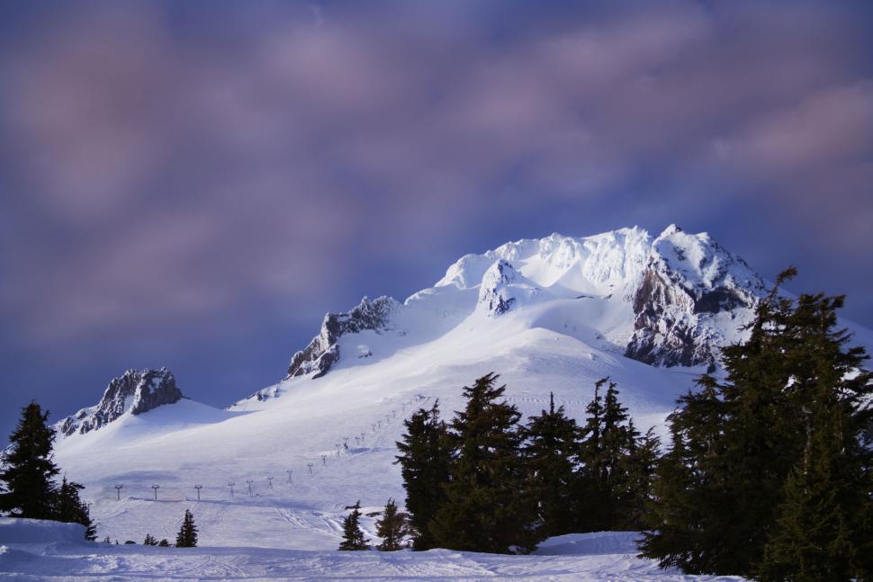 Free Image of Majestic snow-covered mountain with trees 