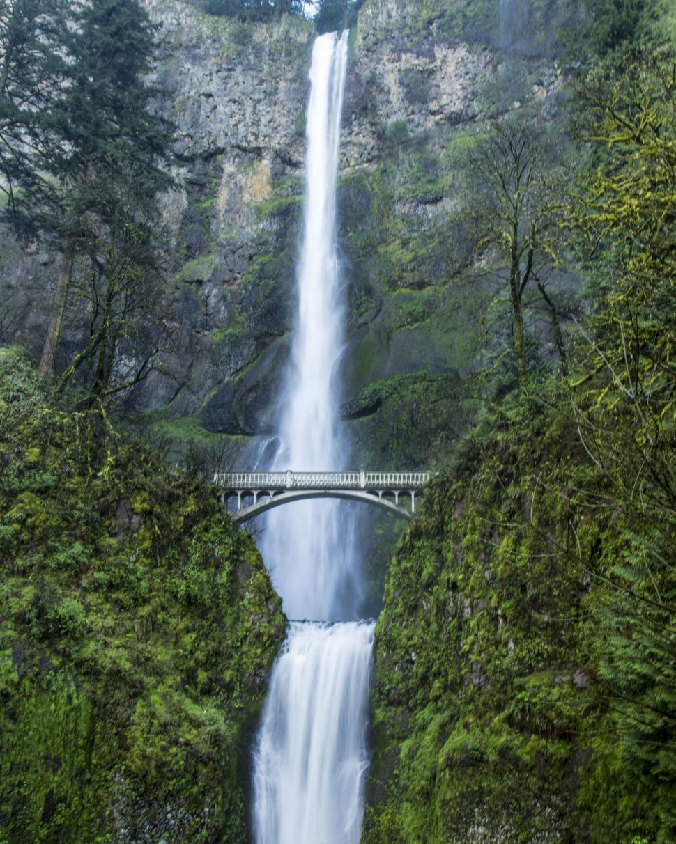 Free Image of Majestic Multnomah Falls with a bridge 