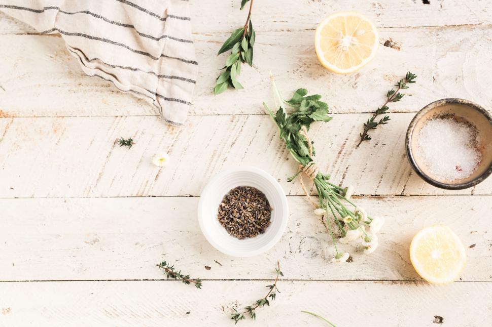 Free Image of Flat lay of cooking ingredients and herbs 